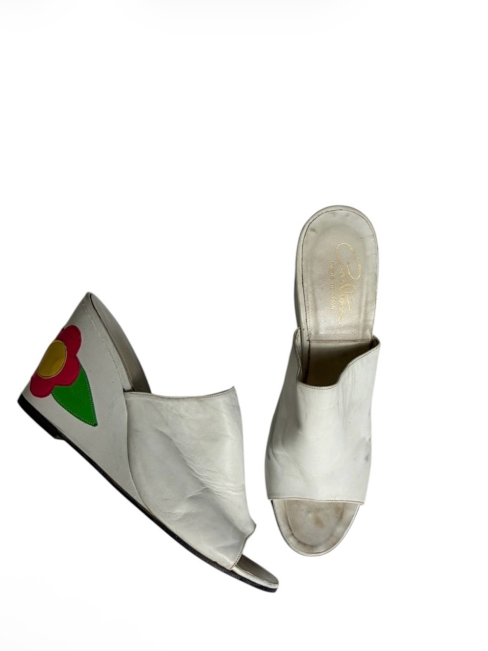White Leather Peep-Toe Wedge Mules with Flower Accent